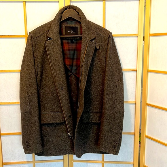 Cole Haan Car Coat Dark Brown Herringbone, Lambskin Trim - Picture 2 of 14